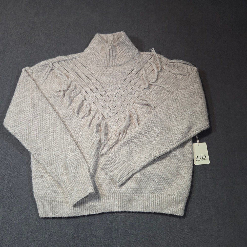 a.n.a Turtleneck Sweater Womens Medium Oatmeal Fringe Popcorn Knit